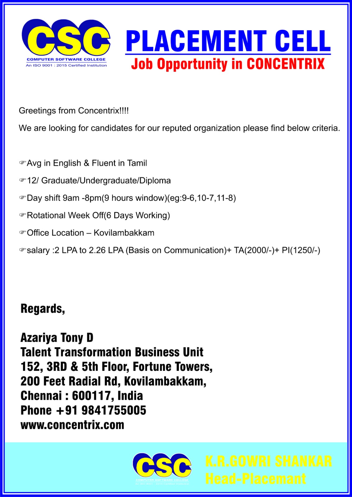 Job opportunities in CONCENTRIX - CHENNAI - CSC Computer Education